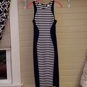 Navy Blue and White Striped Fitted Dress